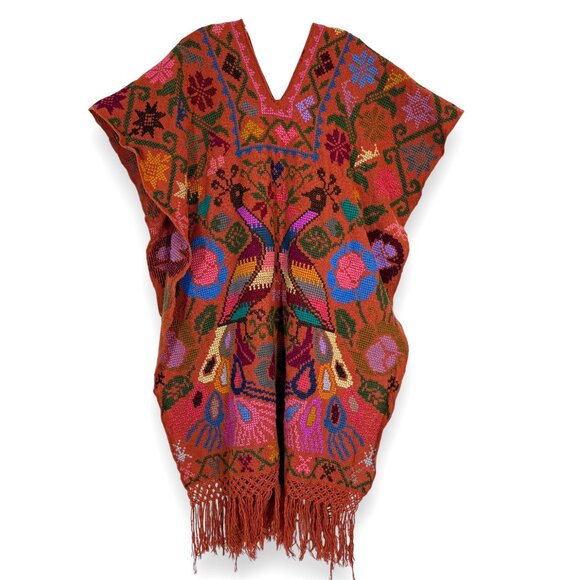 Vintage Handmade Mexican Handwoven Huipil Tunic Embroidered Birds Poncho Peacock - Picture 1 of 11